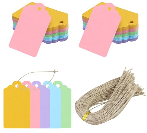 Geschenkanhänger Kraftpapier Anhänger Etiketten 7x4 cm, 150 Stück Tags und 150 Stück Juteschnur, für Basteln Weihnachts Hochzeits Geschenke (5 Farben)