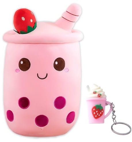 GWAWG Mignon Dessin animé poupée en Peluche, Fraise crème glacée Boba en Forme de thé au Lait avec Porte - clés Rose, Oreiller Doux Remplissage Jouet, Pro - Peau Confortable Coussin Coussin