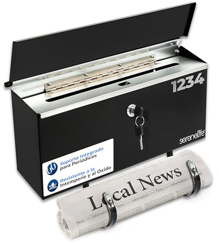SereneLife Outdoor Wall Mailbox & Newspaper Holder | 0.24 FT Cubic Mailbox | Easy Installation, Secure Lock Mechanism | Ideal for Residential or Commercial Use | Wall Mountable | 15x3x11 in | Black