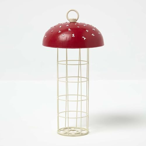HOMESCAPES Meisenknödelhalter Fliegenpilz – wetterfester Vogelfutterspender mit Dach zum Aufhängen, ca. 24,5 cm – dekorative Futterstation für Wildvögel aus Metall, für mehrere Meisenknödel