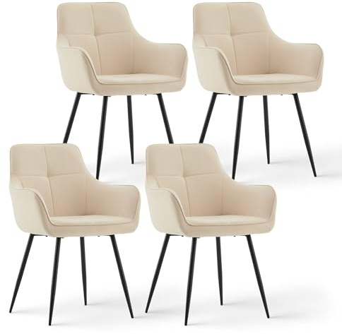 CLIPOP Samt Küchenstühle 4er Set, Esszimmerstühle Polsterstuhl Esszimmer Stuhl, Sitzfläche mit Rückenlehne und Metallbeine (Beige, 4er Set)