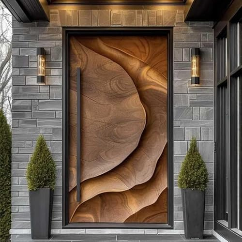 Puerta de entrada de aluminio fundido de grano de madera escultórica de lujo, puerta principal artística moderna con diseño de patrón fluido, puerta de entrada de villa premium para hogares
