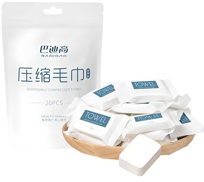 BADIGAO Quick Dry Compressed Towel Tablets - 110GSM Thick Nonwoven - 20 Pcs for Camping, Gym, Hiking, Travel & Outdoor Use - Portable Disposable Face Towels
