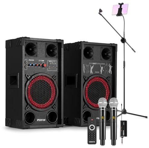 Fenton SPK-108 Wireless Bluetooth Karaoke Machine Kit with Dual UHF Microphones, Microphone Stand, Adjustable Tablet Holder & Echo Vocal Mixer - 400W Speaker System for Adults & Home Karaoke