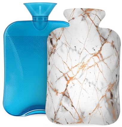 Myfsucce 2L Hot Water Bottle with Cover White Marble Print - Reusable PVC Hot Water Bag for Pain Relief, Cramps & Warmth (12.2x8in)