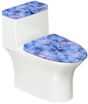 Toilettendeckel Blaue Lila Blume WC Deckelbezug Polyester Universal Waschbar mit Elastikrand Toilettenbrille Toilettenwassertank Schutzabdeckung Toilettendeckelbezug (4 Stück)
