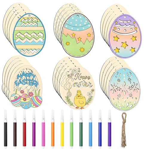 30 Stück Holzanhänger mit 12 Farbstiften und Hanfseil, Holzeier zum Bemalen, Ostereier zum Bemalen, Bastelset Ostern, Osterdeko zum Basteln, Ostergeschenke
