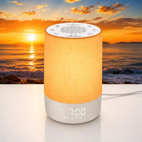 eSynic White Noise Sound Machine & Sunrise Väckarklocka 30 Beruhigende Ljud Ljusväckarklocka med Soluppgångsimulering Nattljus med 10 Färger, Timer & Snooze Sömnstöd för Vuxna
