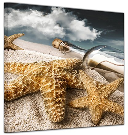 Keilrahmenbild Flaschenpost mit Seesternen - 80x80 cm quadratisch Keilrahmenbilder Bilder als Leinwanddruck Fotoleinwand Landschaften Küste - maritim - Flasche am Strand