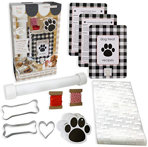 Hapinest Make Your Own Homemade Dog Treats Kit - Dog Bone Cookie Cutters, 24 Gift Bags & Tags, Biscuit Roller, & 3 All-Natural Treat Recipes