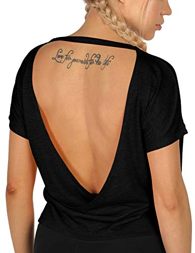 icyzone Damen Sport T-Shirt Rückenfrei Kurzarm Shirt Loose Casual Oberteile Yoga Top (S, Schwarz)