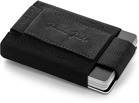 Jaimie Jacobs Nano Boy Mini Wallet kleine Geldbörse aus Textil dünner Geldbeutel, Slim Wallet mit Zugband Kartenhalter, Mini-Portmonee, Kartenetui für Herren und Damen (Büffelleder Schwarz)