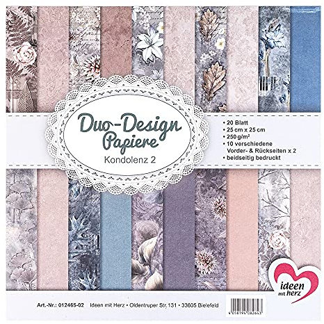 Ideen mit Herz Duo-Design-Papiere | Block mit 20 Blatt Bastelpapier | 25 x 25 cm | 250g/m² | beidseitig bedruckt | Designpapier, Motivpapier | ideal für Scrapbooking, Basteln (Kondolenz 02)