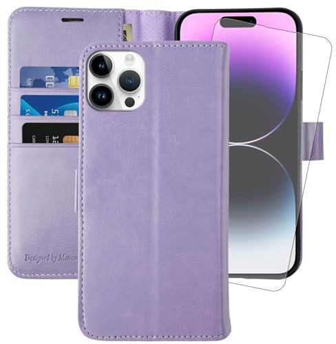 MONASAY Wallet Case for iPhone 14 Pro 5G,[Glass Screen Protector Included] [RFID Blocking] Flip Folio Leather Cell Phone Cover with Credit Card Holder for Apple iPhone 14 Pro 6.1-inch,Lavenders