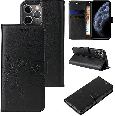 LBH Handy Hülle für Apple iPhone 11 Pro Max Case Handytasche Schmetterling Blumen Flower Standfunktion Schutzhülle Magnet Rundum Schutz 360 Grad Flipcase Cover Schwarz