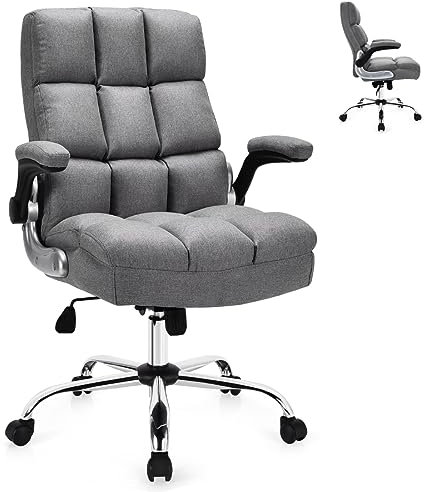 SFAREST Executive Office Chair, Modern Style, Grey, Beige, Red, Flip-Up Armrests, Thicken Cushion, Metal, Sponge, Linen Fabric, Office, Home