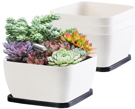 Succulent Pots 6 Inch Shallow Herb Planters with Drainage Hole - 4 Packs Cactus Planter for Home Office Garden Plants Pot Present - Plants Not Included (Off White)