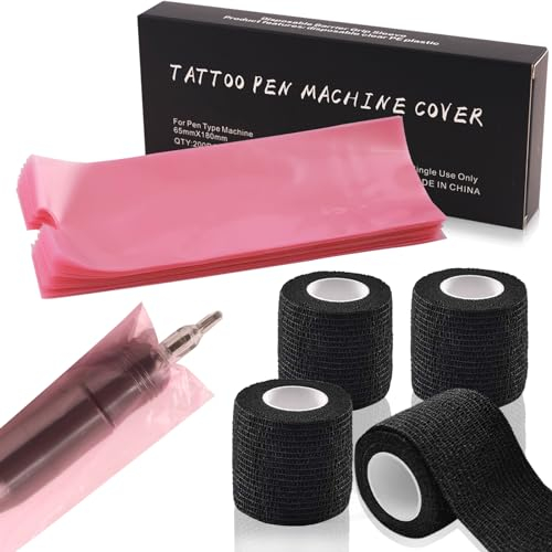 204 Stück Grip Tape Tattoo und Tattoo Stift Taschen Zubehör Set, Rayyl 4 Rollen Tattoo Grip und 200pcs Tattoo Abdeckung für Tattoo Zubehör (Rosa)