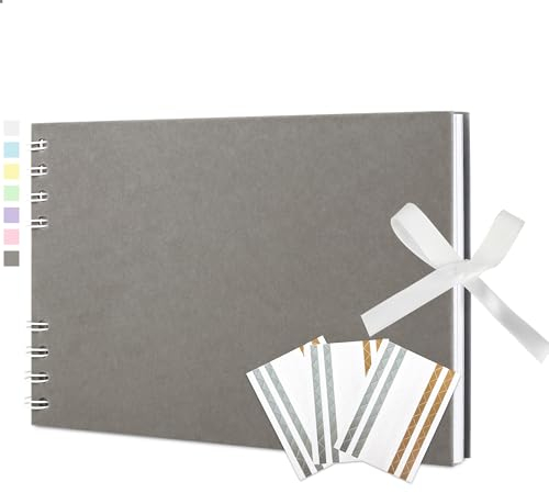 Vienrose Fotoalbum zum Selbstgestalten und Einkleben 21,5 x 15 cm, DIY Scrapbook Album mit 40 weißen Seiten, Spiralalbum für Baby, Hochzeit und Geburtstag, Flach grau