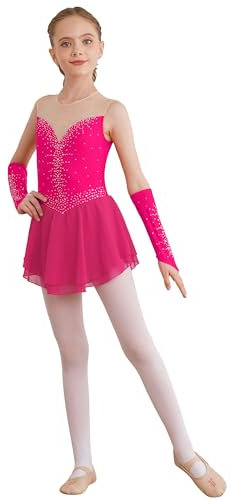 Freebily Abito da Pattinaggio Artistico sul Ghiaccio Bambina Vestito da Ballo Balletto Collo Rotondo Body Danza Classica Ballerina Leotards Vestito Ginnastica con Guanti Rosa Caldo 7-8 Anni