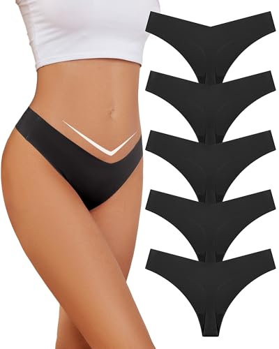 Voenxe String Tanga Nahtlos Damen V-Waist, Niedriger Taille UnterwäSche Slip,Frauen Ohne Naht Unterhosen,Sexy Unsichtbar Panty Mehrpack,Microfaser Atmungsaktiv Women Seamless Thong Underwear, 5er-Pack