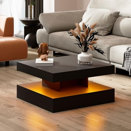 KEEPREAPER Couchtisch Wohnzimmertisch Hautbild, Sofatisch mit LED Beleuchtung modern für Wohnzimmer, 78 x 78 x40cm (Schwarz)