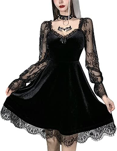Qianderer Women Gothic Dress Vintage Lace Grunge Punk Goth Dresses Long Sleeve Casual Fairy Lolita Dress for Cosplay Party Cocktail (Black, l)