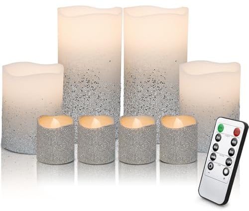 Amorxiao 8 Pack Grey Flameless Led Candles Light Flickering,Real Wax Fake Wick Moving Flame Faux Wickless Pillar,with Timer Remote,Suit for Festival Wedding Home Party Halloween Decorations