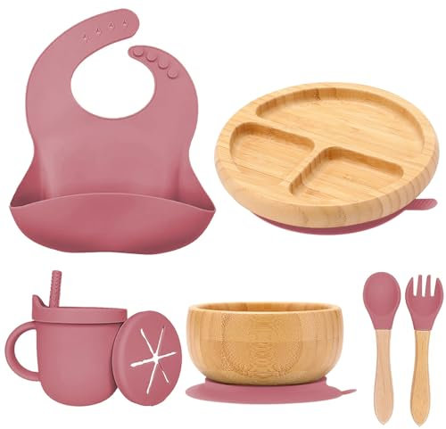 Baby Geschirrset Bambus Kinderteller & Schüssel & Silikon Löffel & Lätzchen Wasserbecher- Baby Essen set frei BPA (pink)