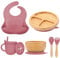 Juego de destete de bambú y silicona - Plato, cuenco, taza y cuchara (rosa)