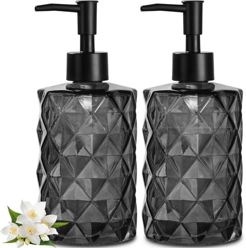 GMISUN Black Soap Dispenser, 2Pcs Hand Soap Dispenser for Bathroom, Glass Pump Bottle Dispenser, 12 fl oz Liquid Dispenser for Kitchen, Refillable Dispensers Bottle for Liquid Lotions Detergent