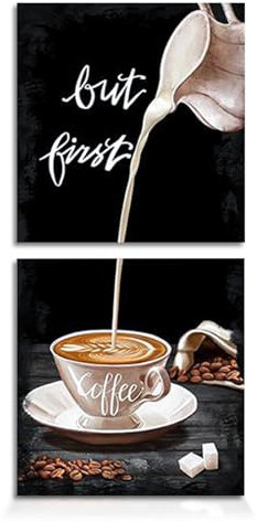 burkfeeg 2 Stück Kaffee Bar Wanddeko Küche Poster Küchenbilder Esszimmer Dekor Wandbilder Bild Wohnzimmer Bilder Modern Schwarz Weiß Leinwand Bilder Set Bilder 30x30cm (Ohne Rahmen