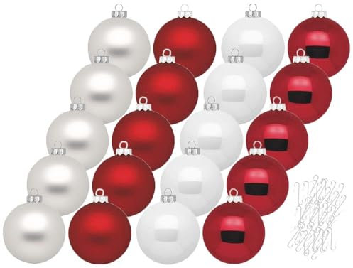 Inge Glas Weihnachtskugeln mit Haken | Schöne Christbaumkugeln aus Glas | Set 20 Kugeln und 40 Aufhänger | Christbaumschmuck Weihnachtsbaumkugeln (Frozen Strawberry | rot weiß)
