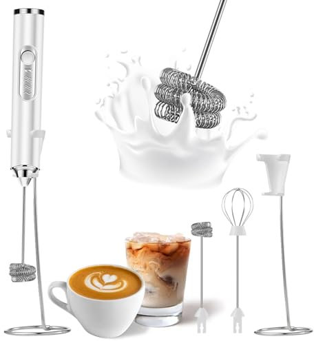 SOUTHMAN Milk Frother Foamer with Stainless Steel Stand, Rechargeable Electric Milk Frother Handheld Whisk, Drink Mixer for Latte, Cappuccino (White)