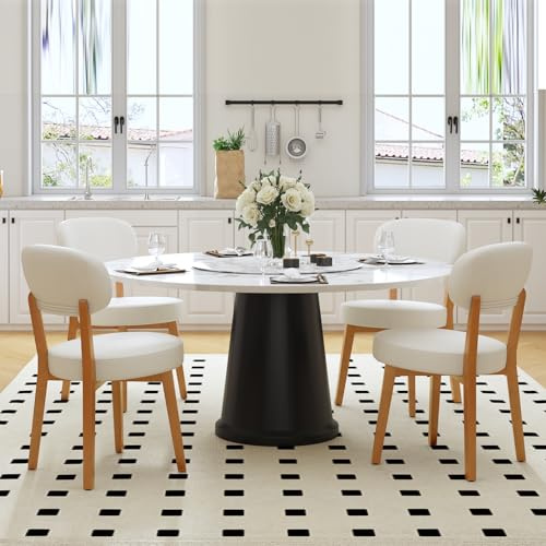 Ckaff Esszimmerstühle 4er Set, Küchenstuhl Polsterstuhl Wohnzimmerstuhl mit Rückenlehne und Beine aus Massivholz, Stuhl Esszimmer aus Leinen für Esszimmer Wohnzimmer Schlafzimmer, Beige