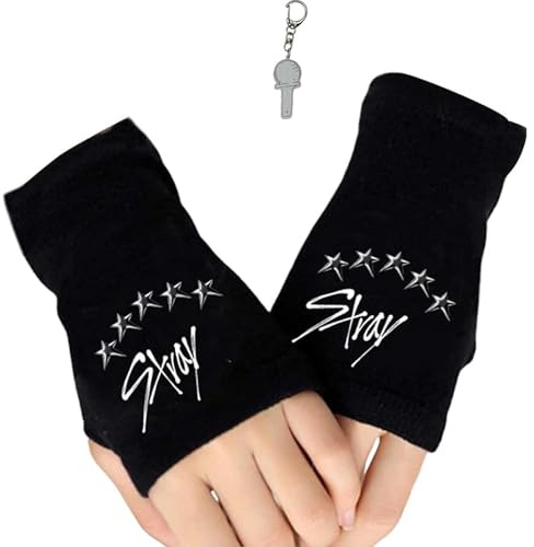 ZMaglorian Stay Fingerlose Handschuhe, K-pp Strickhandschuhe Schwarz Winter - Handschuhe ohne Finger mit 2 SK- Aufklebern & 1 Anhänger, K-pp Fan Geschenk für Stay