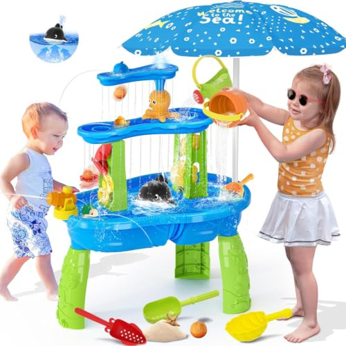 Générique Table de Jeux de Sable et d’Eau avec Parasol et Pompe Électrique | Circuit d’Eau Continu, Accessoires pour Jardin et Plage, Jouet d’Été pour Enfants dès 3 Ans