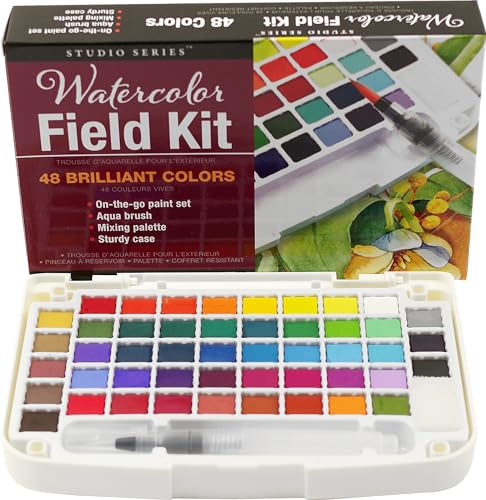 Peter Pauper Press Artist's Watercolour Field Kit (48 high pigment colors, water brush, sponge, and palette)