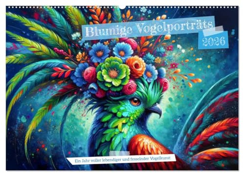 Blumige Vogelporträts (Wandkalender 2026 DIN A2 quer), CALVENDO Monatskalender: Elegante Vögel: Künstlerische Porträts (CALVENDO Tiere)