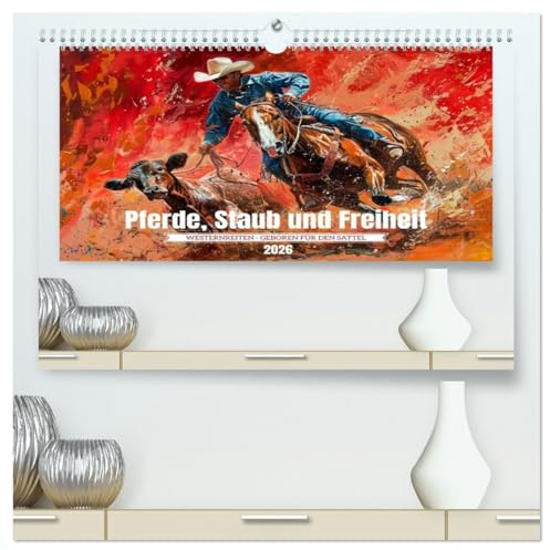 Pferde, Staub und Freiheit (hochwertiger Premium Wandkalender 2026 DIN A2 quer), Kunstdruck in Hochglanz: Die Faszination des Westernreitens in Gemälden (CALVENDO Menschen)
