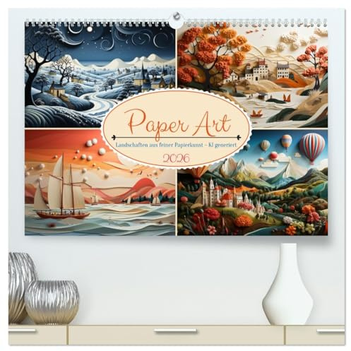 Paper Art (hochwertiger Premium Wandkalender 2026 DIN A2 quer), Kunstdruck in Hochglanz: Landschaften aus origineller Papierkunst - KI generiert (CALVENDO Natur)