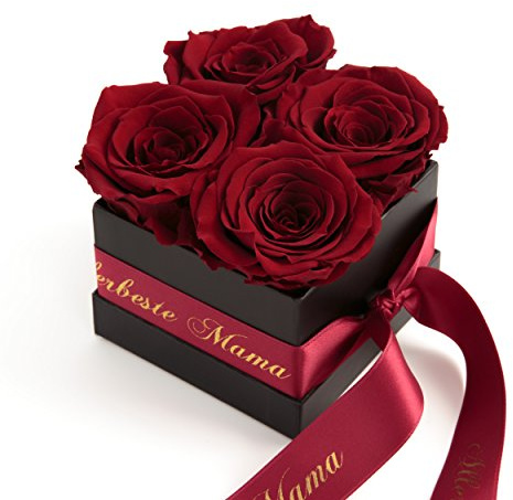 Allerbeste Mama Geschenk ewige Rosen - schwarze Rosenbox 4 konservierte Rosen haltbar 3 Jahre 8,5x8,5cm - Muttertagsgeschenke Ideen (Allerbeste Mama, Dunkel Rot)