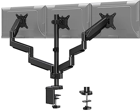 MOUNT PRO Soporte de Escritorio para Monitor Triple, Brazo articulado de Resorte de Gas, extraíble con Abrazadera y Base de Ojal, se Adapta a monitores LCD de computadora de 13 a 27 Pulgadas, VESA 75