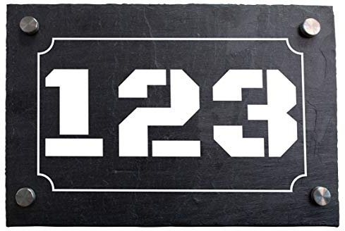 wandmotiv24 Personalisierte Hausnummer Hausnummernschild aus Naturstein Schiefer, auf Schiefertafel, mit individueller Beschriftung Hausnummer in Rahmen M0052