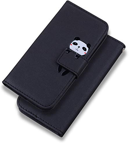 Phone Case for iPhone 7/8 Hülle, Karikatur Panda Tiere Muster Handyhülle Brieftasche Schutzhülle Leder Flip Case Wallet Cover Klapphüllen Tasche Etui mit Kartenfächern+Stand(Schwarz)