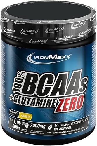 IronMaxx 100% BCAAs + Glutamine Zero - Mango 500g | veganes & zuckerfreies Aminosäuren Pulver mit Vitamin B6 | 6000 mg BCAA´s und 1000 mg Glutamin pro Portion