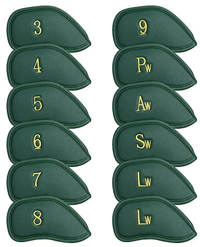Craftsman Golf 12pcs Thick Synthetic Leather Golf Iron Head Covers Set Headcover Fit All Brands alao Available for Custom Version (Green with Gold No.)
