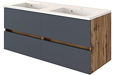 Waschtischunterschrank Luna 120cm mit Doppelwaschbecken und 4 Schubladen - Eiche/grau