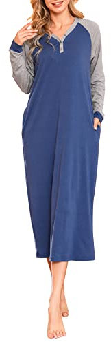Lovasy Nightdresses for Women UK Long Sleeve Women's Nightdresses&Nightshirts Ultra Soft Nighties for Women Long Nightgowns Ladies Night Dress with Pockets,Blue,XXL
