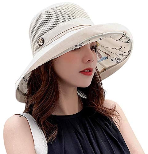Mesh Sonnenhüte für Damen UV-Schutz Breitkrempe Eimer Sommer Strand Sonnenschutz Fischer Hut mit Kinnriemen, beige, One size